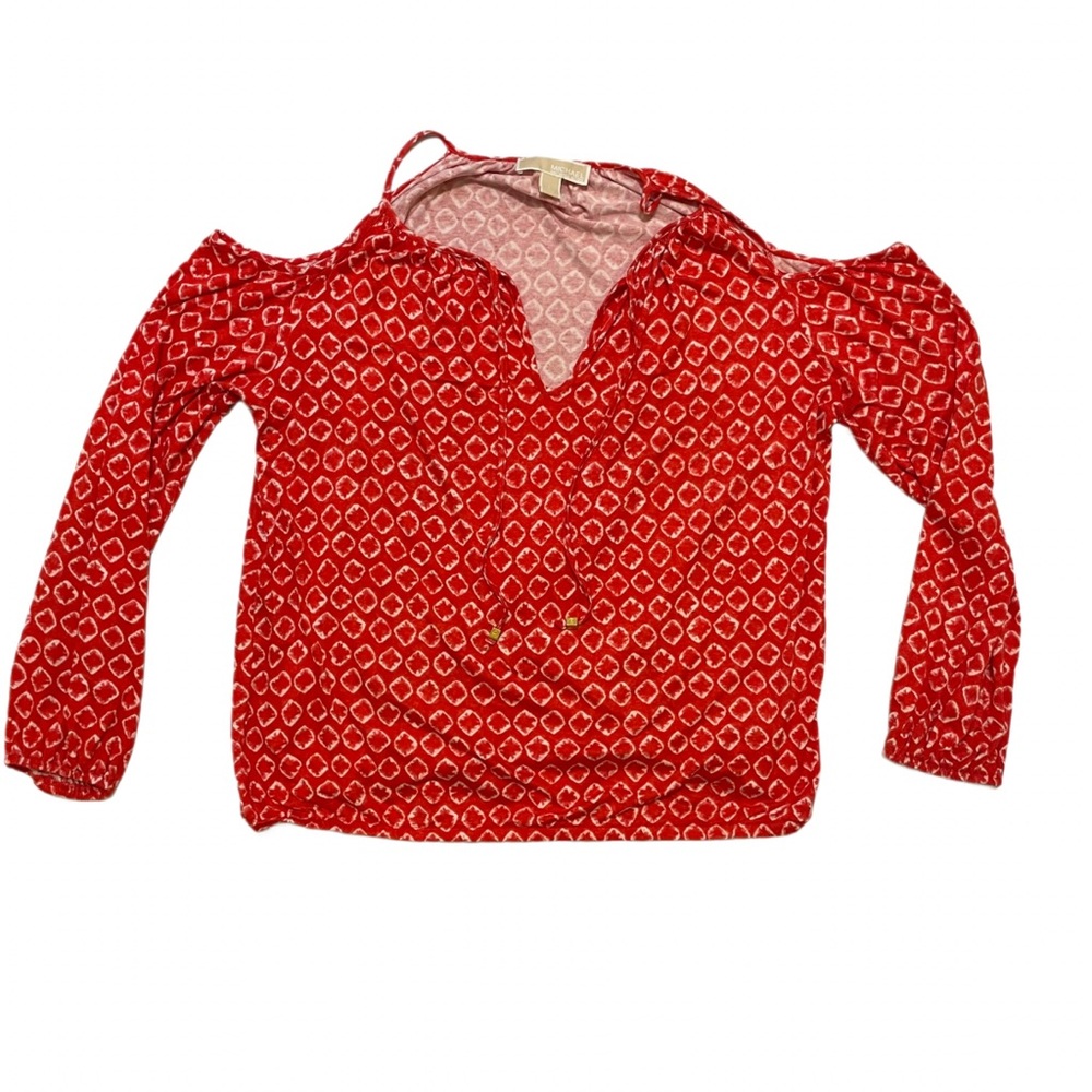 Michael Kors Cold Shoulder Top Womens Large Red Tie Dye Ikat Long Sleeve Blouse - Picture 4 of 7